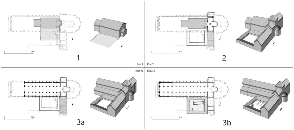 Vézelay, ancienne abbaye Notre-Dame. Hypothèses de restitution du plan de l’abbatiale et du cloître du ixe au xiie siècle. bron: https://journals.openedition.org/archeomed/2838#tocto3n1